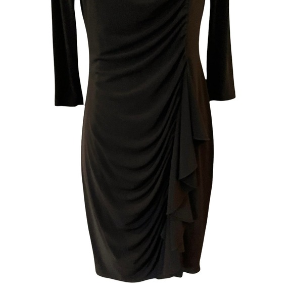 DAVID MEISTER Black Sheath Cocktail Dress Ruched Ruffles 3/4 Sleeves Midi 4 EUC - Picture 4 of 8
